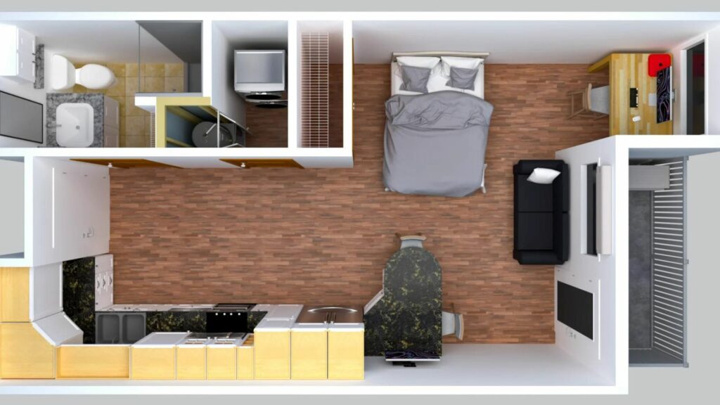 a studio apartment with furniture